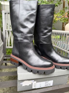 AREZZO Black Leather Mid-Calf Lug-Sole Boots with Brown Welt